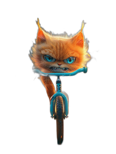 front view of Pixar illustration of an angry orange cat with blue eyes riding on the handlebar of a bicycle, isolated on a black background, shown from the front.