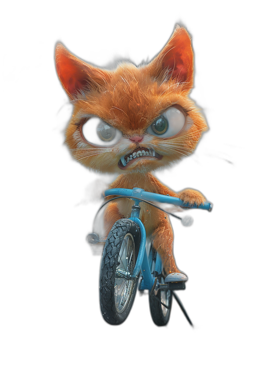 front view of an angry ginger cat riding on a blue bicycle in the style of a cartoon, in the style of Pixar, high resolution, octane render, hyper detailed, hyper realistic