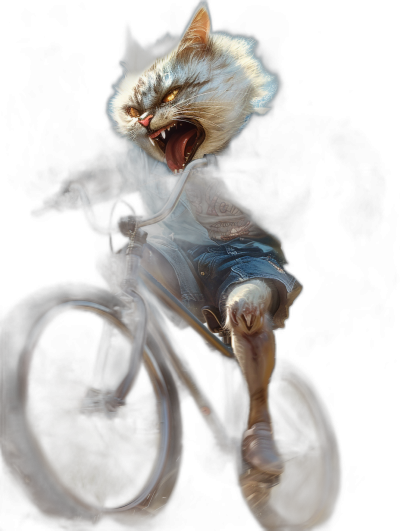 A cute white cat wearing a t-shirt and shorts riding a bicycle, with an angry facial expression, motion blur effect, dark background, in the fantasy art style, high resolution.