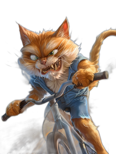 realistic digital fantasy illustration of an angry orange cat wearing blue shirt and riding bicycle, black background, style raw,