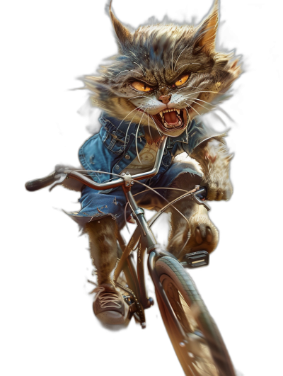 angry cat in denim overalls and sneakers riding on bicycle, portrait, photorealistic, high detail, high resolution, full hd, dark background, in the style of [Greg Rutkowski](https://goo.gl/search?artist%20Greg%20Rutkowski)