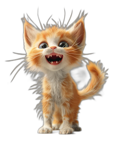 3D render of a happy smiling orange and white kitten, cute and fluffy, with highly detailed, Pixar-style art, on a black background, with octane rendering, cinematic, sharp focus, sharp details, like a studio photo shot, intricate detail, hyper realistic.