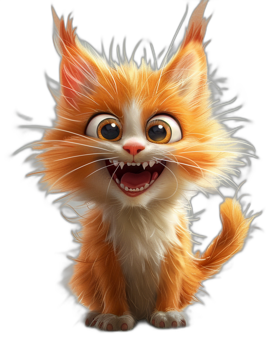 Smiling cute kitten with big eyes, in the style of Pixar, Disney cartoon character, orange and white cat fur, fluffy tail, detailed hair texture, full body, black background, octane render, high resolution, hyper realistic, concept art