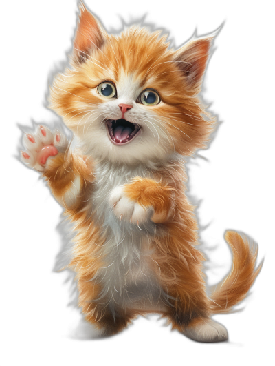 Cute happy orange and white kitten cartoon character with its mouth open, smiling eyes, wavy hair, standing on its hind legs waving its front paws in the air against a black background, in the style of a hyper-realistic illustration, high resolution, very detailed, professional photography, showing its full body.