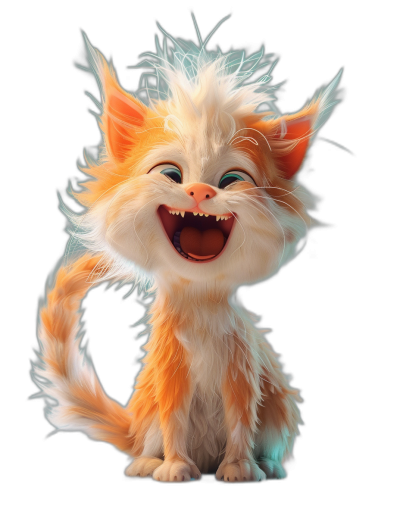 smiling fluffy cute cat, cute character design, concept art in the style of Pixar studio, black background, digital painting, 3D render, detailed fur texture, cute little feline with big eyes and long hair, laughing with mouth open wide, happy expression