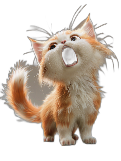 3D render of a cute fluffy cat howling, in the style of Pixar, adorable and cute, white and orange fur with a black background, rendered in Octane, hyper detailed and hyper realistic.