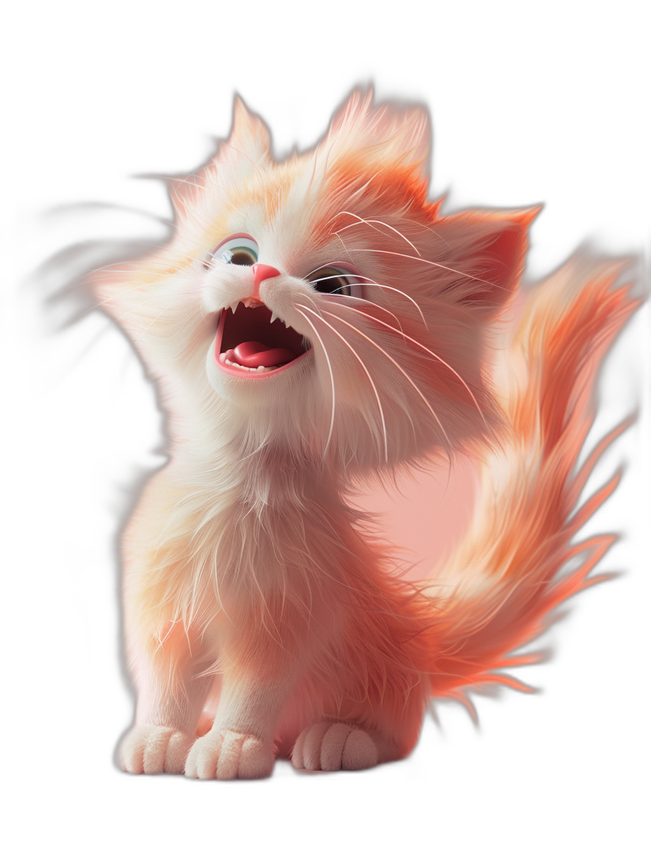 A cute smiling white and pink kitten with long hair, white fur on its face, an orange cat tail, big eyes, a happy expression, in the style of Disney, a black background, a full body shot, in the style of Pixar, a white glowing light effect, high definition details.