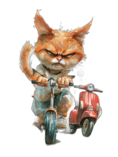 Cute fluffy fur baby cat character riding a red scooter with an angry expression in a dynamic pose. Vector illustration in the style of Pixar and Disney animation with a watercolor effect on a black background. Detailed character design with high resolution digital art and high details.