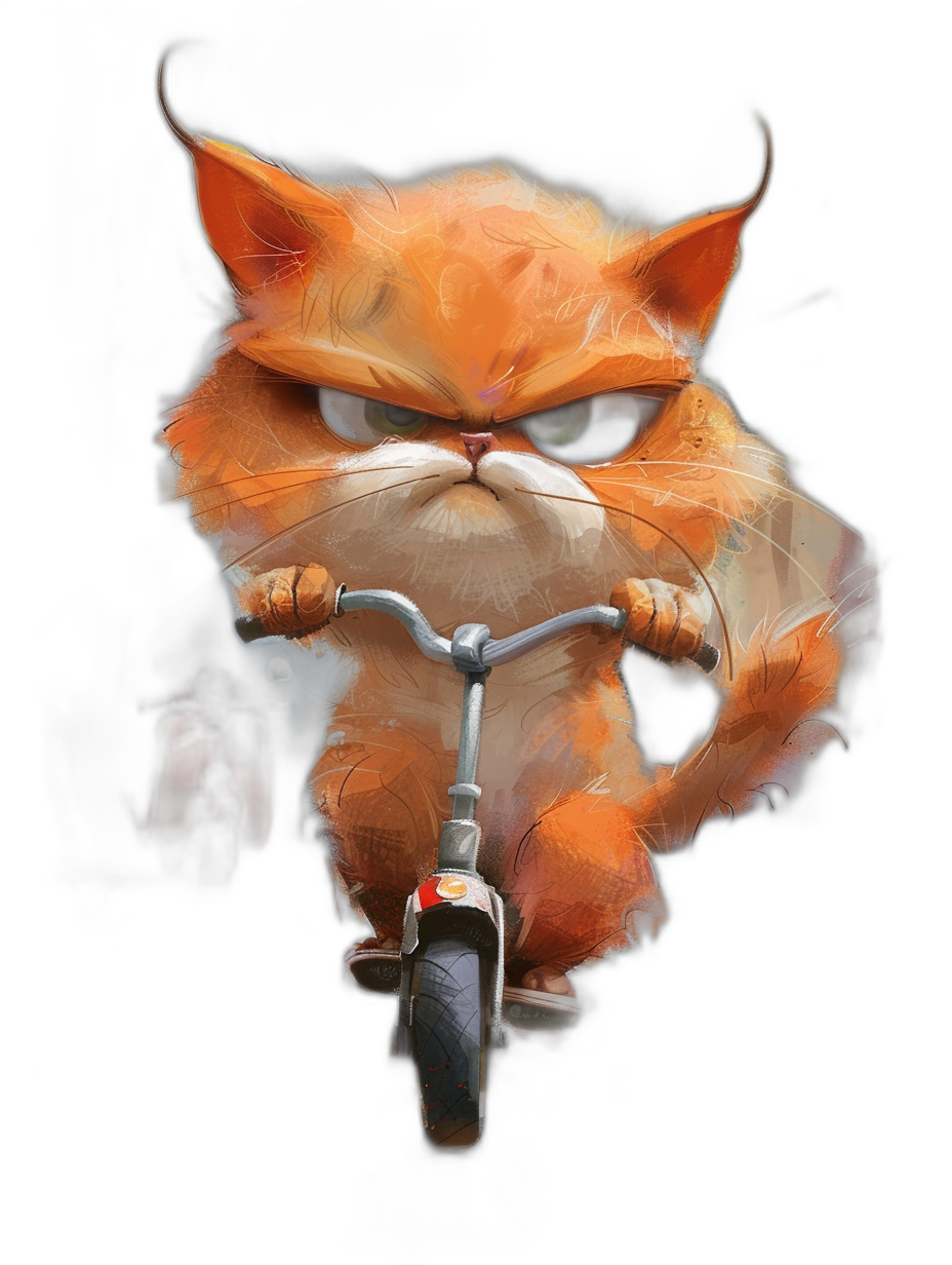 grumpy orange cat riding bike, angry expression, cartoon style, digital artwork, black background, full body portrait, concept design sheet in the style of digital art