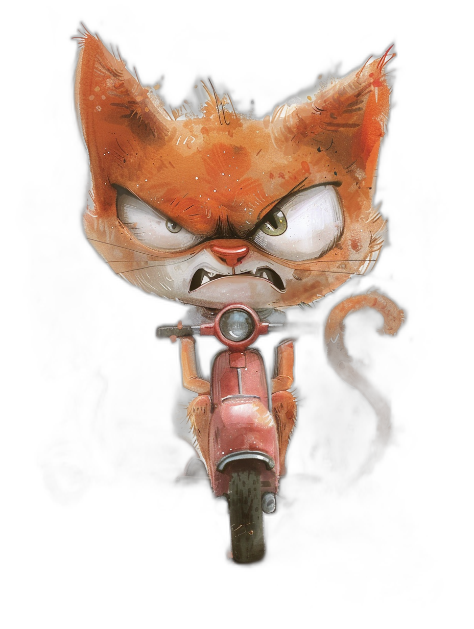 angry, cute cat on scooter in the style of [Ralph Steadman](https://goo.gl/search?artist%20Ralph%20Steadman) style character, black background, front view- stylized in Pixar style