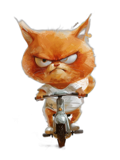 grumpy orange cat character on motorbike, wearing white t-shirt, in the style of [Ralph Steadman](https://goo.gl/search?artist%20Ralph%20Steadman) and [Goro Fujita](https://goo.gl/search?artist%20Goro%20Fujita), black background, simple vector art