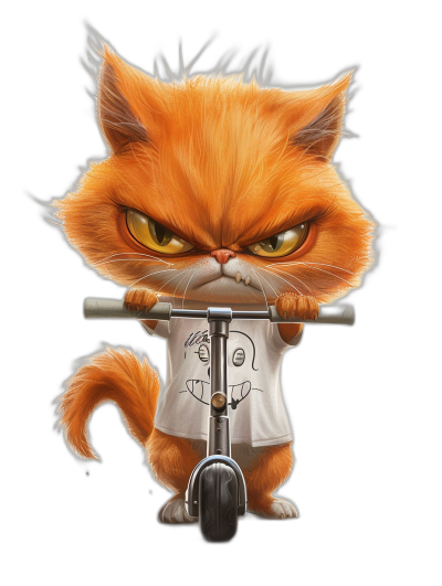 grumpy orange cat cartoon character wearing a white t-shirt with black graffiti, riding a scooter with an angry face, isolated on a solid background, in the style of a cute comic illustration, high resolution vector, hyper quality, high details, high contrast, sharp lines, black plain background