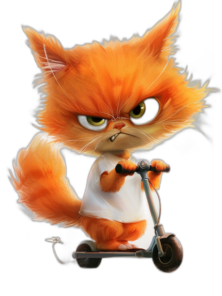 A cute orange cat with big eyes looks very angry. It is wearing a white t-shirt and riding a scooter against a black background. The full body digital art painting is in the style of a chibi character with a pixar cartoon character style. The cat has fluffy hair, a big head, and a small body. It is a high resolution, high detail, high quality image.