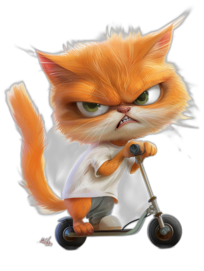 grumpy orange cat in a white t-shirt riding a scooter, in the style of [Tiago Hoisel](https://goo.gl/search?artist%20Tiago%20Hoisel) and in a caricature style, cute and funny, black background