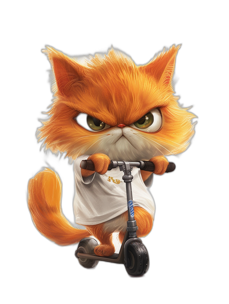 grumpy orange cat in a white t-shirt riding a scooter, black background, cartoon style, digital art in the style of Disney Pixar and Artstation trending