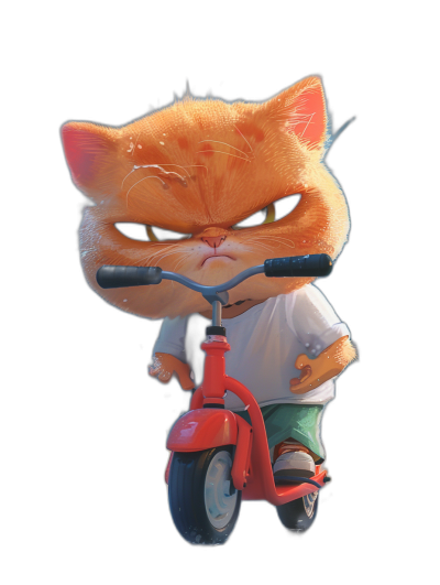 A cute fat orange cat character with an angry facial expression, black eyes, and long eyelashes wearing a white t-shirt riding a red scooter on a solid background. A full-body Pixar style character design rendered in 3D with octane rendering and captured with high resolution photography to appear hyper realistic.