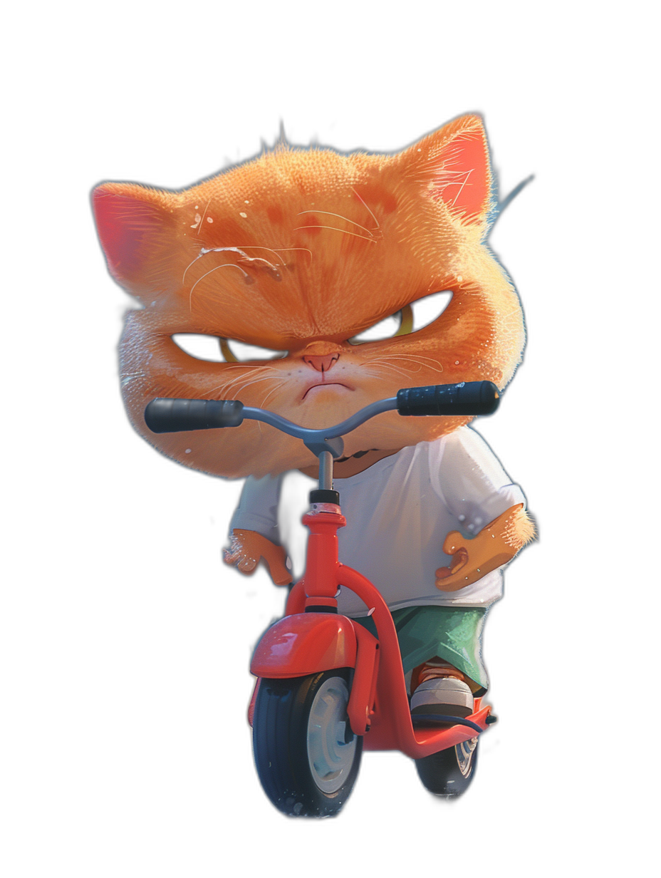 A cute fat orange cat character with an angry facial expression, black eyes, and long eyelashes wearing a white t-shirt riding a red scooter on a solid background. A full-body Pixar style character design rendered in 3D with octane rendering and captured with high resolution photography to appear hyper realistic.