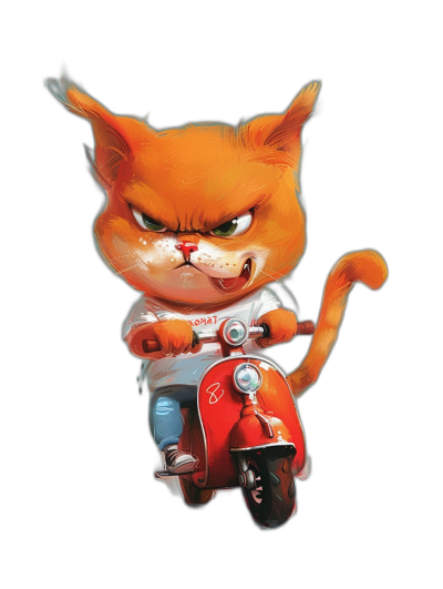 A cute orange cat, wearing a white T-shirt and jeans with an angry expression riding on a red scooter, in an anthropomorphic cartoon character design with a simple black background, black eyes, and a full body portrait in the style of an illustration with high-definition details and bright colors creating a lively atmosphere.