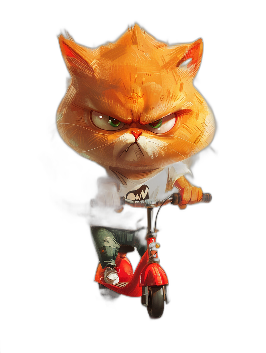 A cute orange cat character with an angry face riding on a scooter, wearing a white t-shirt with a black logo on a black background, digital art in the style of Pixar and Disney and Kung Fu Panda movie, 3D render with a red motorcycle helmet in the air.