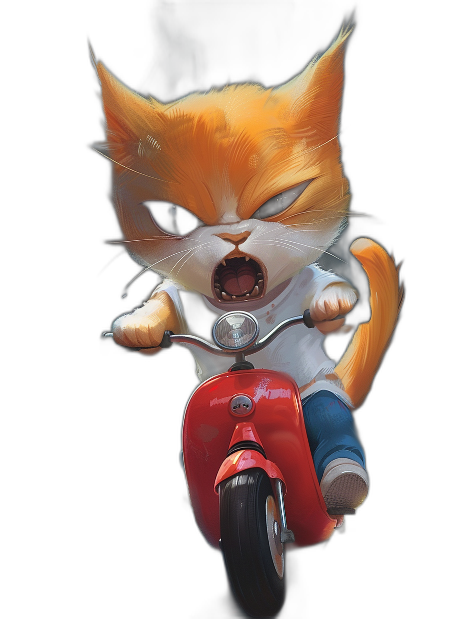 Cute cat riding a red scooter with an angry expression, in the caricature style cartoon art as a full body portrait on a black background, character design in the style of [Tiago Hoisel](https://goo.gl/search?artist%20Tiago%20Hoisel), playful caricatures, colorful animation stills