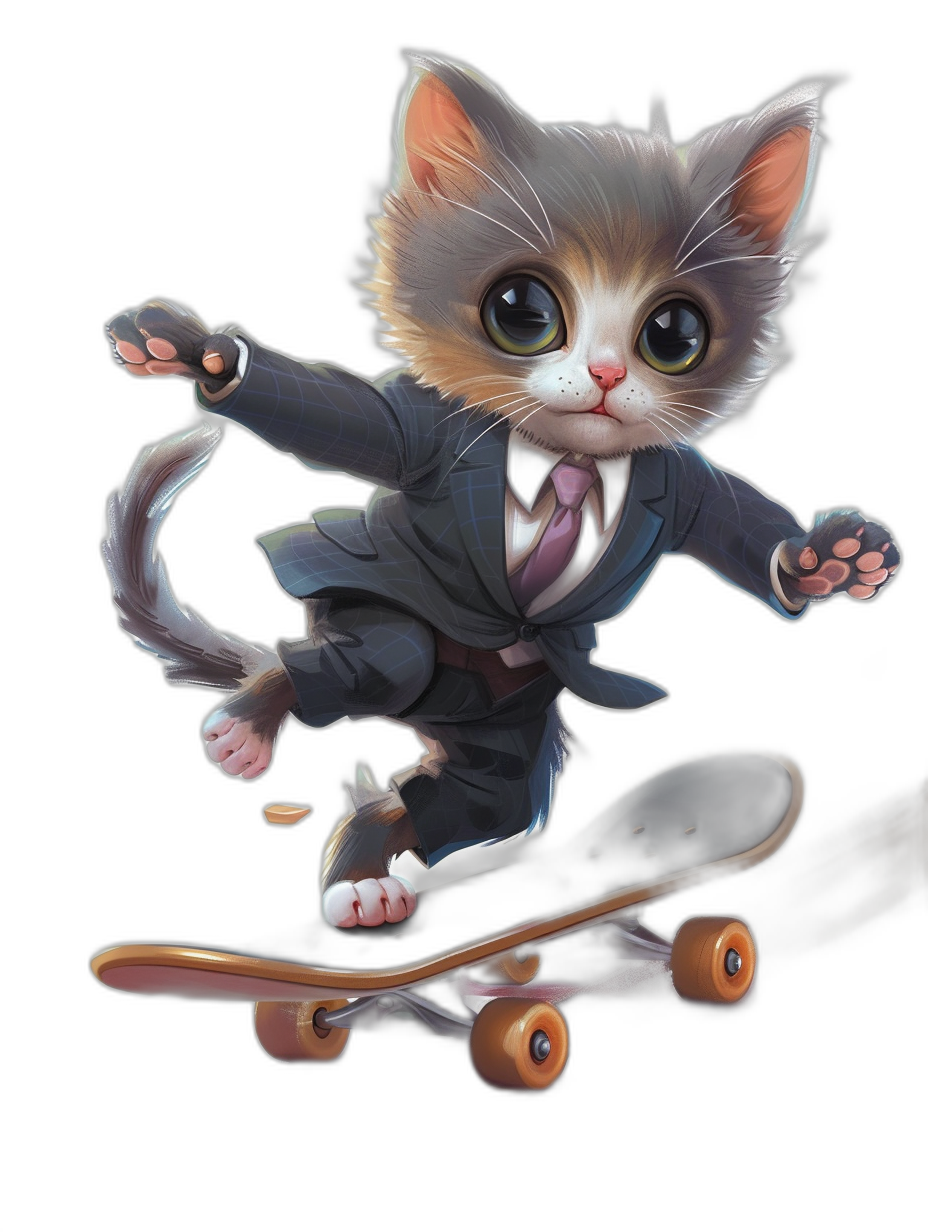 Cute cat in suit, riding on a skateboard, black background, cartoon style, digital art in the style of [Kawacy](https://goo.gl/search?artist%20Kawacy), highly detailed, high resolution,