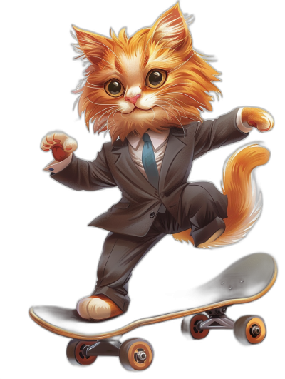 Cute fluffy cat wearing a suit and tie riding on a skateboard, vector illustration with a black background in the style of a sticker, digital art with hyper realistic details and smooth coloring, full body shot of the cute cartoon cat in a hyper detailed rendering with cinematic qualities and hyper coloring.