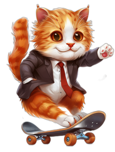 Cute orange and white cat wearing a suit and red tie riding on a skateboard against a black background, in the style of a chibi style character design with vibrant colors and detailed fur texture and detailed facial features, in the style of a cartoon style artwork as a digital painting at a high resolution.