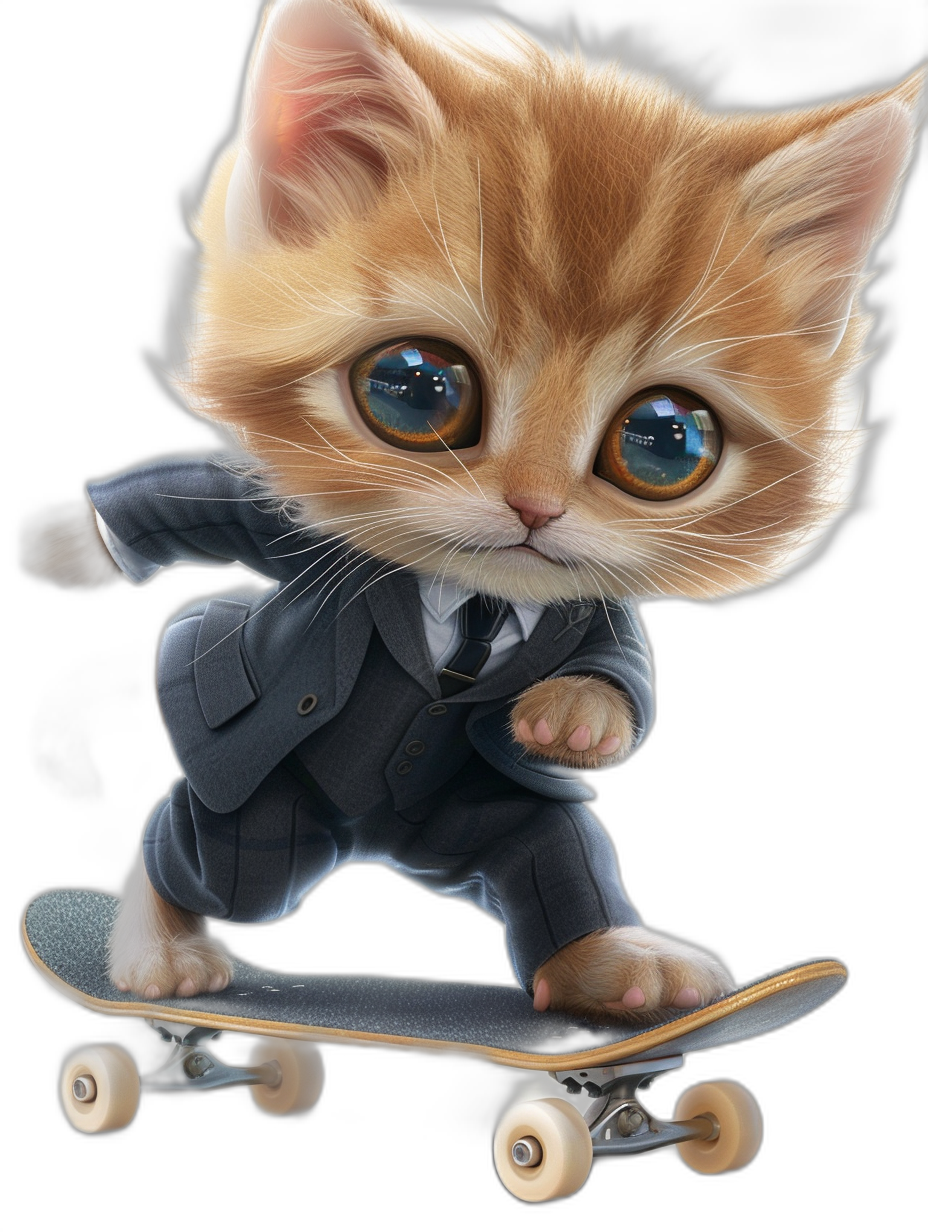 digital art of cute kitten , wear suit and tie, skating on skateboard black background, full body shot, big eyes