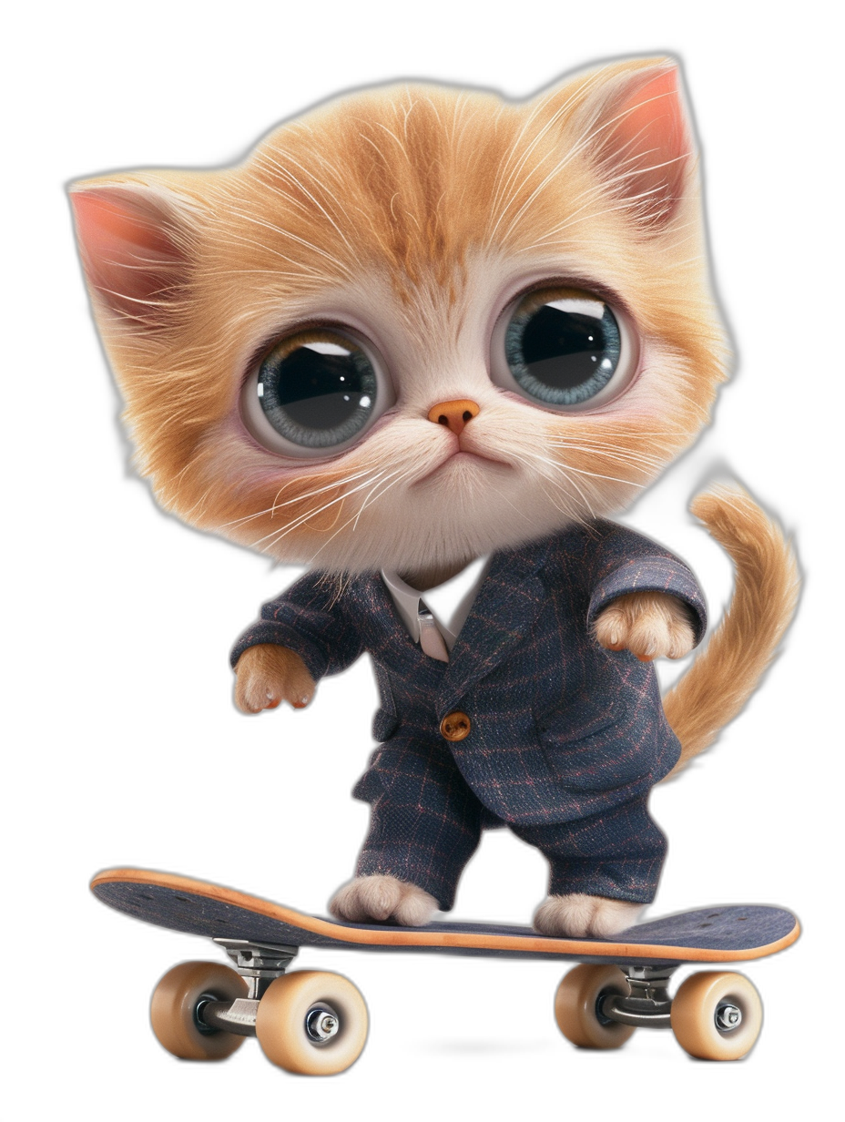 3D rendering, C4D, cartoon style, cute kitten in a suit on a skateboard, big eyes, black background, 8k resolution, high detail in the style of Q