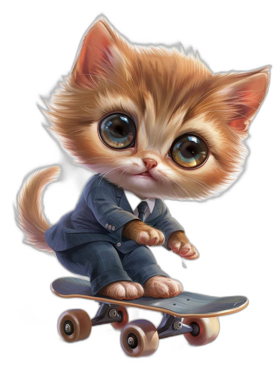 A cute golden kitten wearing business attire, riding on roller skates and skateboarding, with big eyes, cartoon style, black background, high definition, high resolution, super detailed