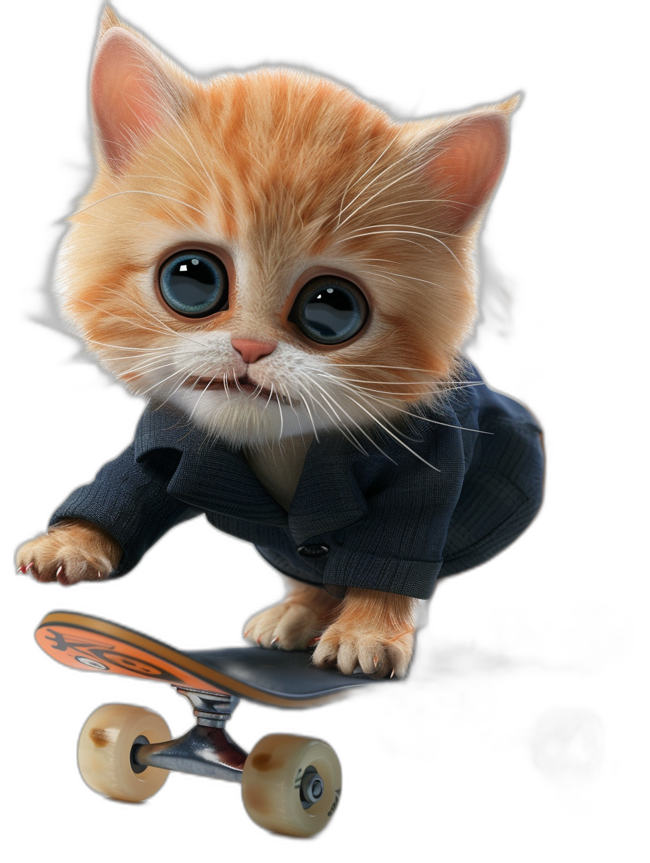 digital art of a cute kitten, wearing a suit and riding on a skateboard against a black background with big blue eyes.