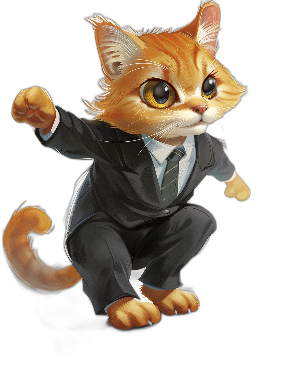 A cute ginger cat in a suit, in the cartoon style, in a jumping pose, on a black background, digital art in the style of Lchidogawa and [Artgerm](https://goo.gl/search?artist%20Artgerm), featured on pixiv, character design, full body, concept art, digital painting, illustration, detailed fur texture, high resolution, high contrast, sharp focus, high dynamic range, professional photography, centered composition, vibrant colors, soft lighting, studio lighting, volumetric lighting, global illumination.