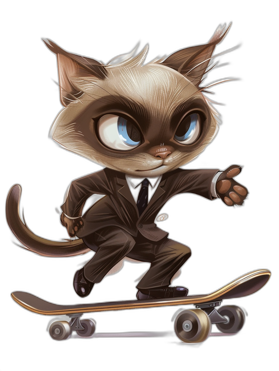 A cute chibi cat in a suit riding on a skateboard, in the vector illustration style with a black background, with big blue eyes, highly detailed and intricate, a digital painting, artstation, concept art, sharp focus, an illustration, smooth, high resolution.