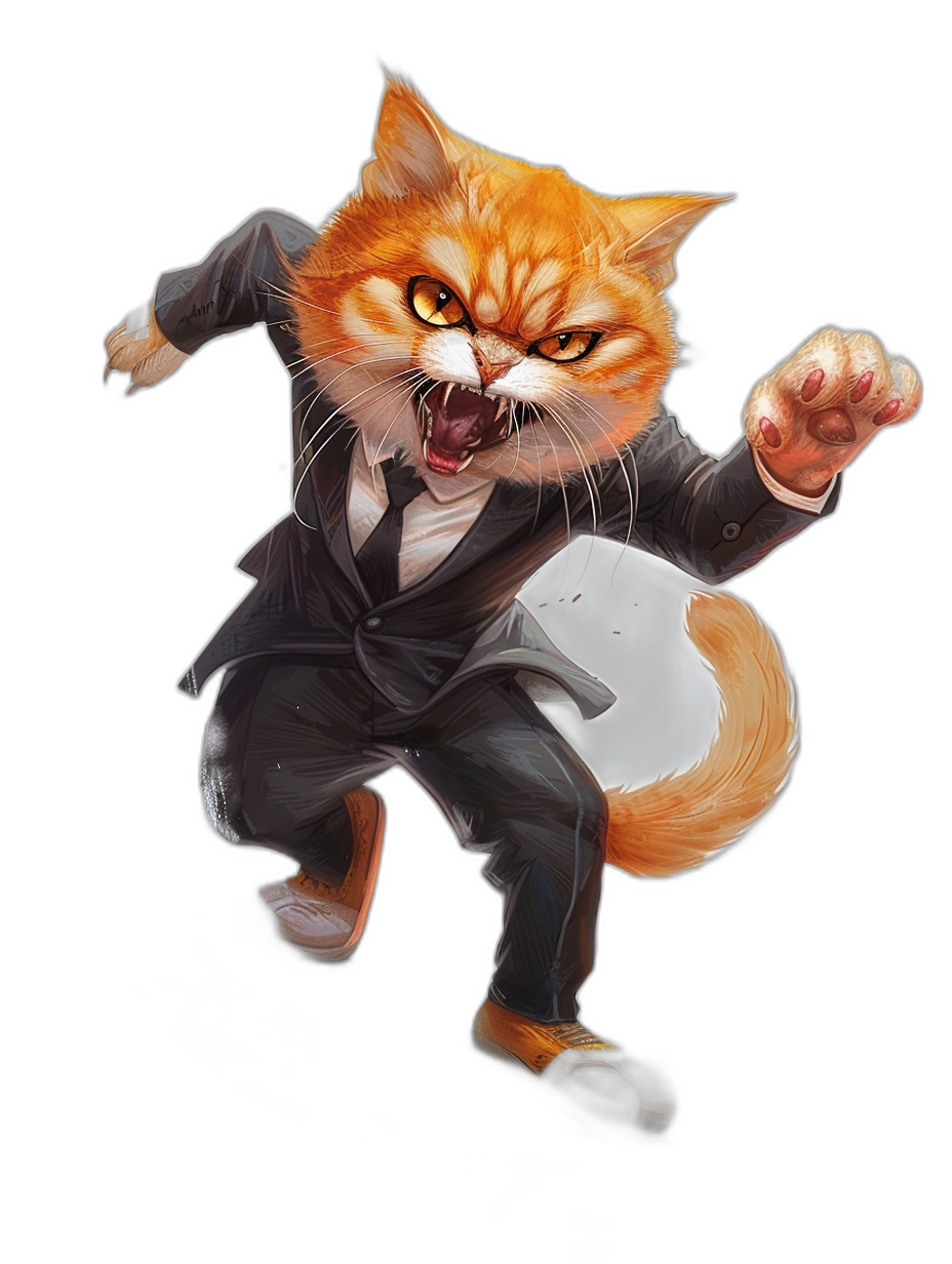 A orange cat in suit is jumping and fighting, black background, front view, cartoon style, cute style, full body shot, game art design, digital illustration, full color, flat painting, 2D, fantasy, high resolution,