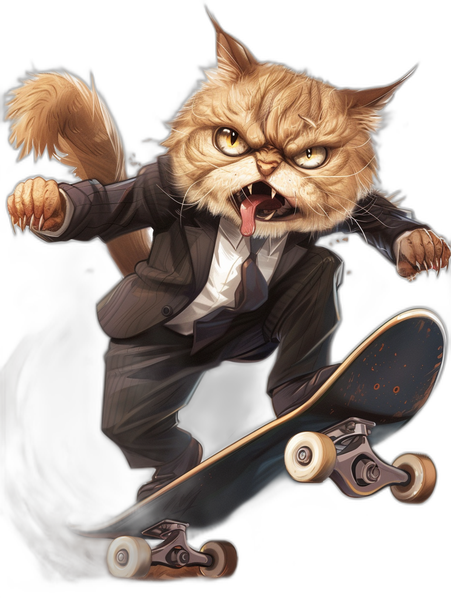 realistic digital illustration of an angry cat in suit, riding on skateboard, black background, character design