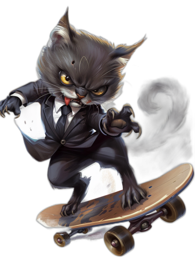 A black cat in a suit, in the style of a skater, riding on a skateboard, in the style of a cartoon, 2D game art style, with a cute expression, in a front view, on a pure background, with high resolution, rich details and colors, as a full body portrait, with professional photography.