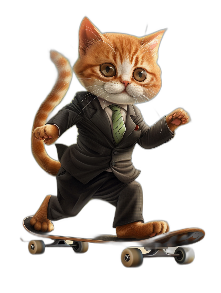 Cute cat in suit and tie riding on skateboard, black background, digital art style