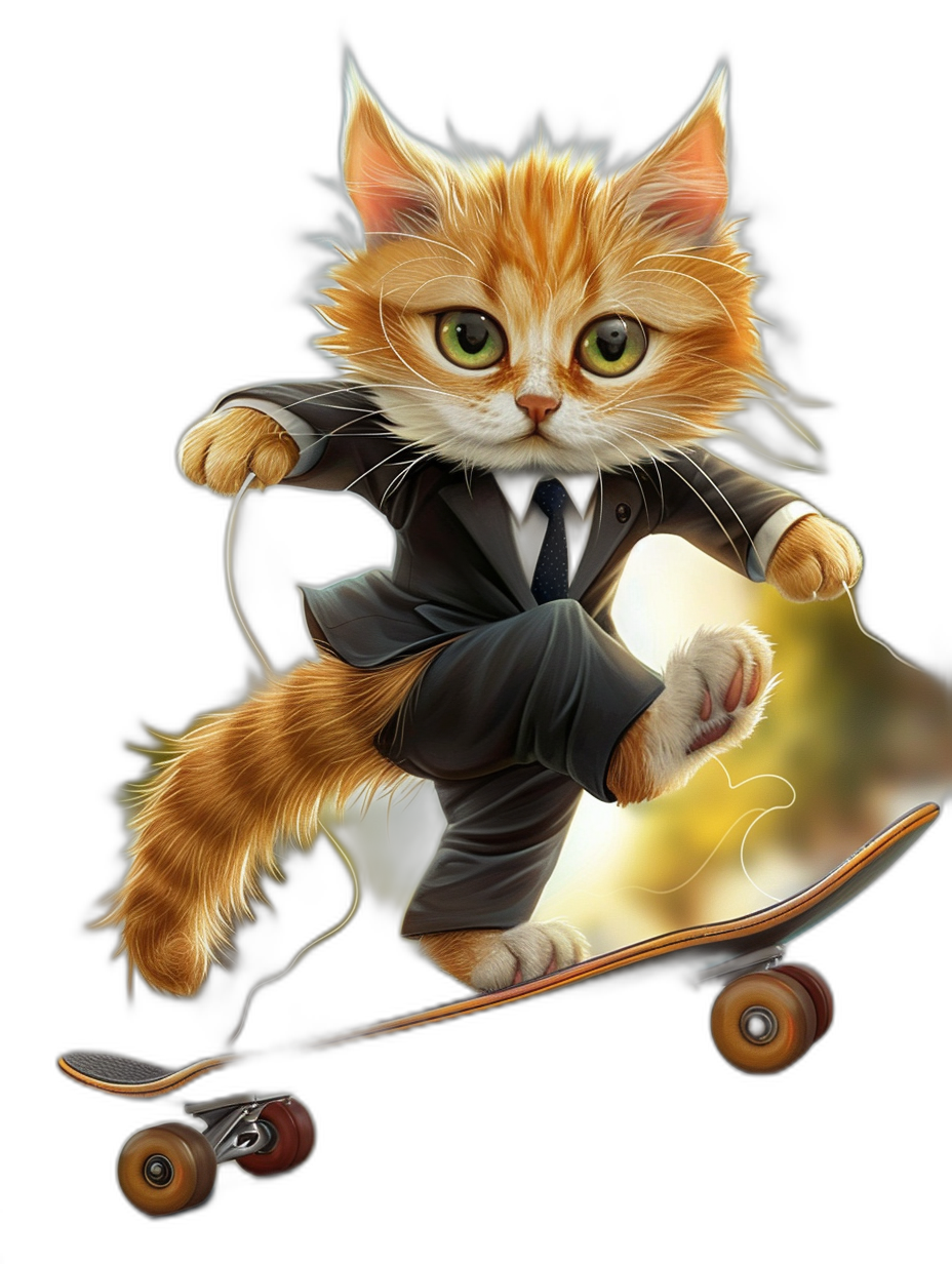 digital art of a cute and fat orange cat, wearing a black suit and riding on a skateboard with a black background and pastel colors. The art is in the style of pastel color.