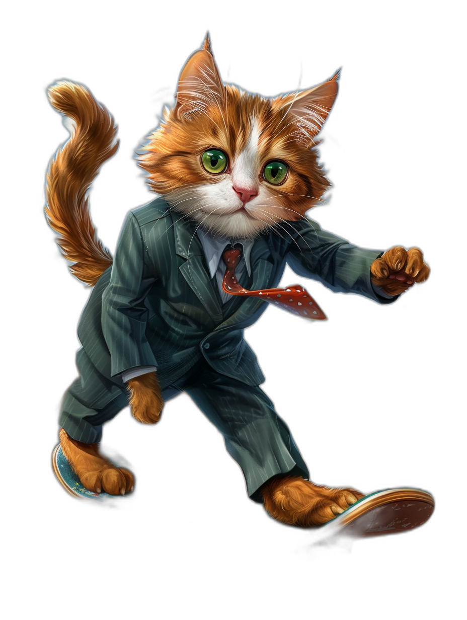 A ginger cat with green eyes dressed in business attire, playing frisbee on a black background in the style of [Tiago Hoisel](https://goo.gl/search?artist%20Tiago%20Hoisel), caricature-like and playful, high resolution photography, full body portrait, highly detailed illustrations, hyper-realistic pop style.