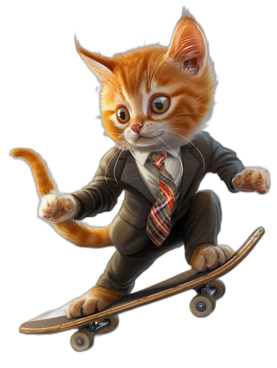 digital art of cute kitten , wear tie and suit, riding on skateboard , black background, full body shot, action pose