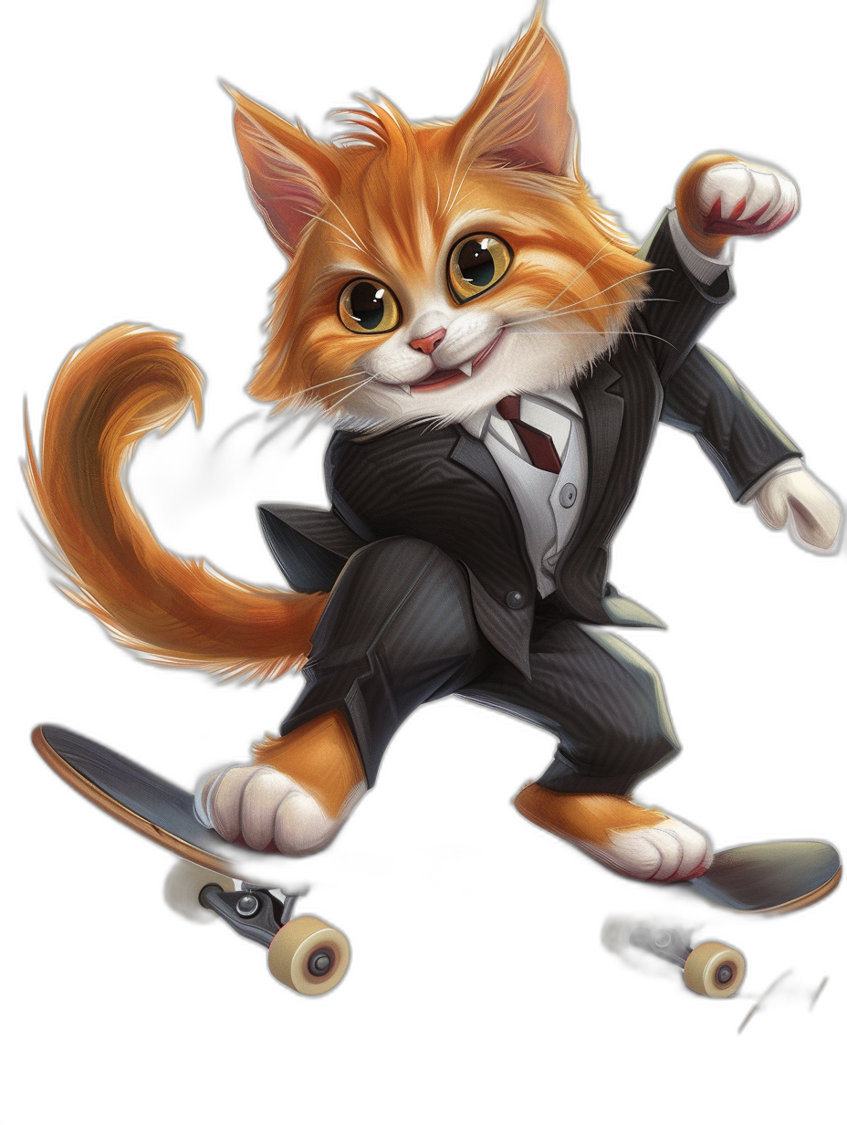 Illustration of a cute ginger cat in a suit, skating on a skateboard, against a black background, in the vector art style, with high contrast colors, a happy mood, low detail, and a vivid color palette, in the style of Disney Pixar Animation.