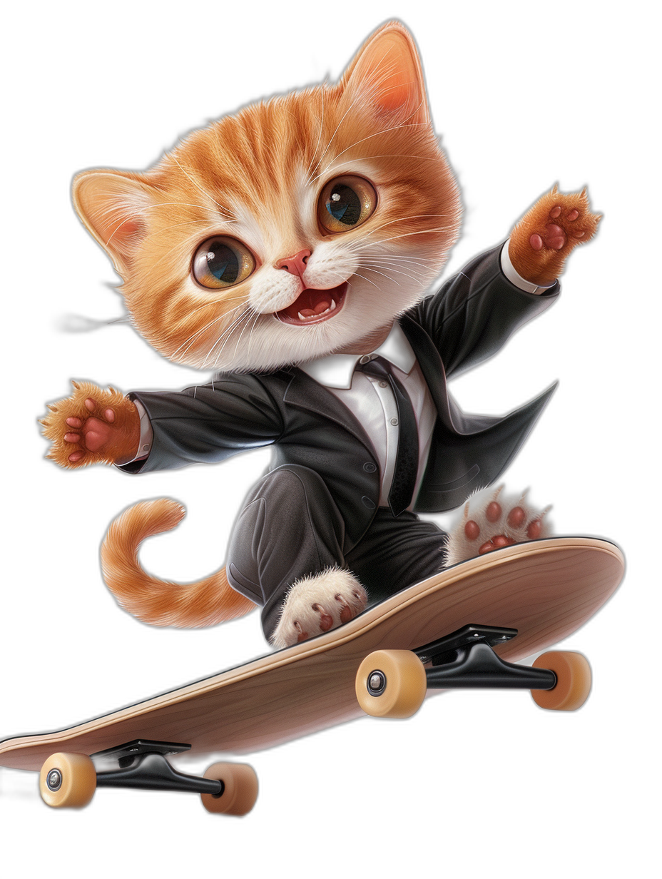 digital art of a cute kitten, wearing a suit and riding a skateboard, against a black background, in the style of happycore, in an action pose