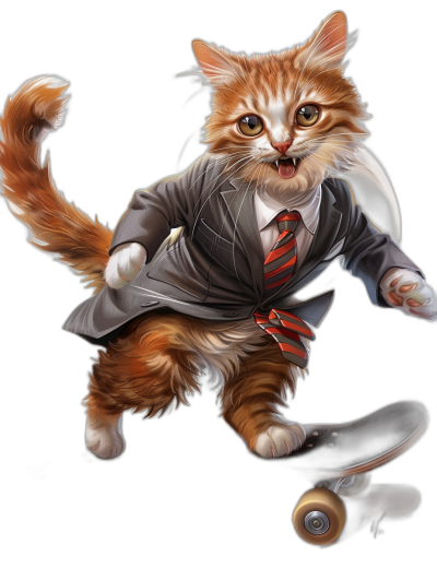 a realistic digital illustration of an orange cat wearing business suit and tie, riding on skateboard , black background, full body portrait