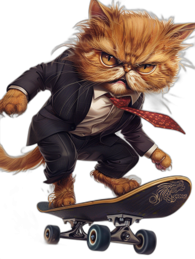 a persian cat in suit and tie riding on skateboard, digital art style, black background, caricature-like elements, high resolution, cartoon like figures, airbrushed realistic