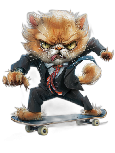 a realistic cartoon illustration of an angry cat in suit and tie riding on skateboard, isolated on black background, full body portrait