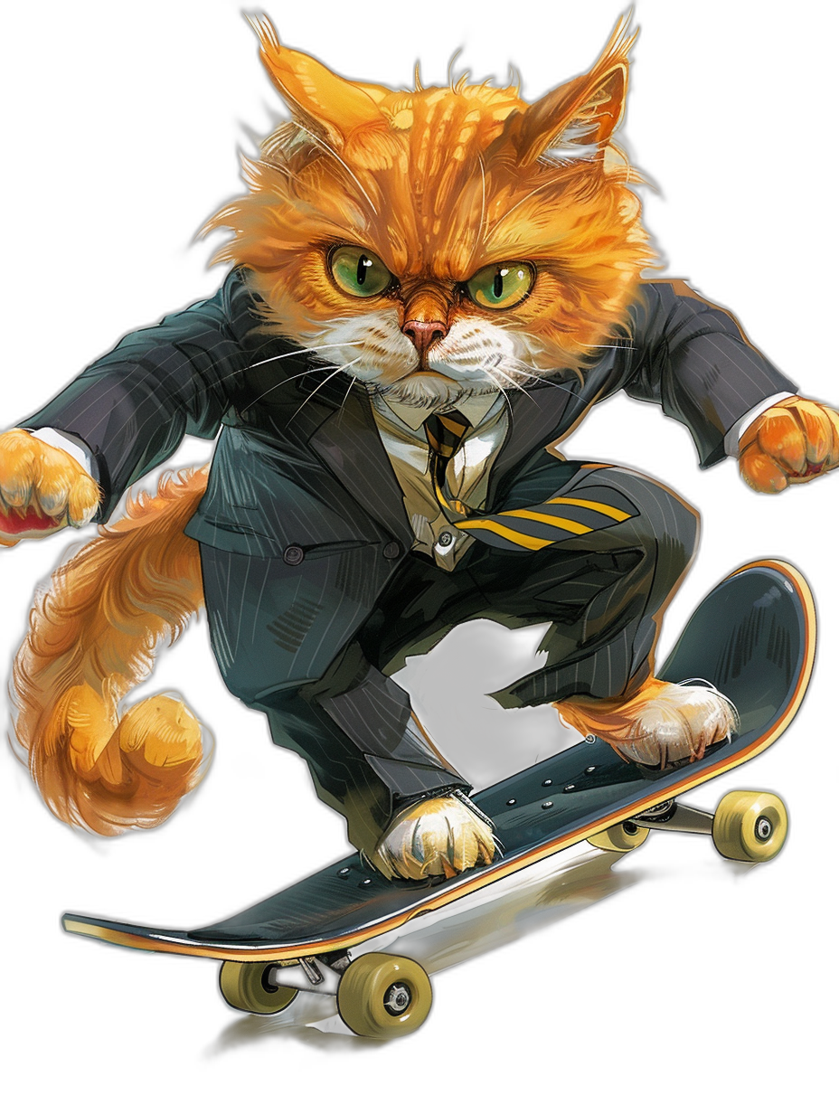 A ginger cat in a suit, riding on a skateboard, in the style of [Akira Toriyama](https://goo.gl/search?artist%20Akira%20Toriyama) and [Artgerm](https://goo.gl/search?artist%20Artgerm), vector art style, isolated on a black background, flat illustration, full body portrait, dynamic pose, high resolution