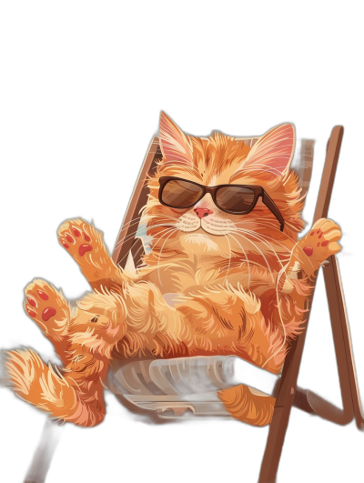 digital art of cute and fat orange cat wearing sunglasses , lying on the beach chair, black background, cartoon style, full body, simple clean background, dark color backgrounds, beautiful digital painting