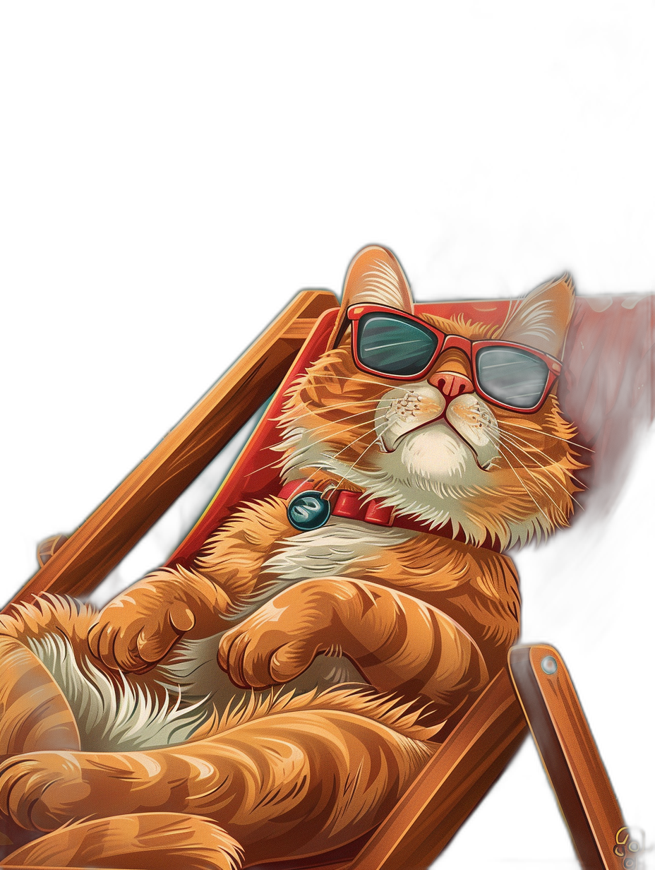 digital art of cool fat orange cat , wearing sunglasses and red collar, sitting on the deck chair with black background, minimal style , chill happy expression, cute digital painting