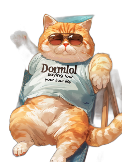 A fat orange cat wearing sunglasses and a t-shirt with the text "Dormolgo lovely time", sitting on a chair against a black background, in the style of anime.