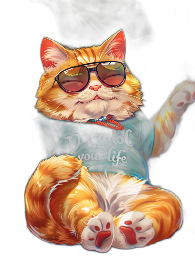 smiling orange cat with sunglasses and t-shirt, text "Dormacion esORMATivaves_future your life", vector art illustration on a black background, full body illustration, cute style illustration in the style of a 2d game artwork, detailed design